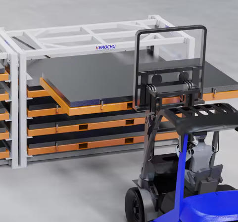 Estante para láminas accesible por montacargas – Sistema vertical Herochu para cargas de 2 a 6 toneladas